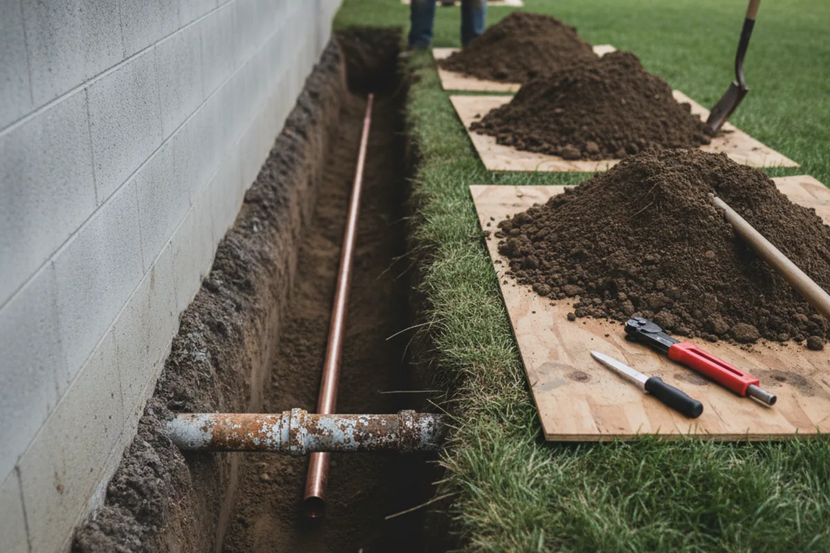 Excavated water line trench during Water Softener Installation in North Bloomfield